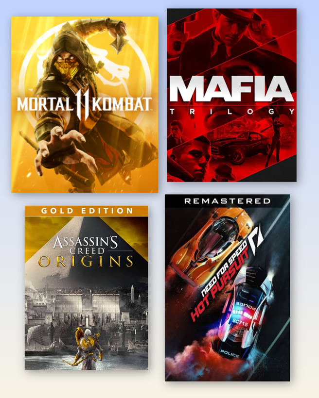 Need For Speed Hot Pursuit Remastered+Assassin creed Origins g +Mafia Trilogy+Mortal Kombat 11